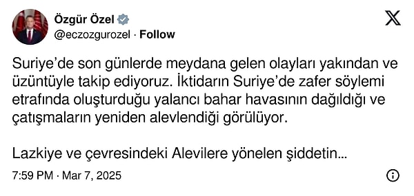 Suriye’de Alevilere yönelik artan şiddete CHP Genel Başkanı Özgür Özel’den tepki geldi. Özel, AKP hükümetine adım atması için çağrı yaptı.