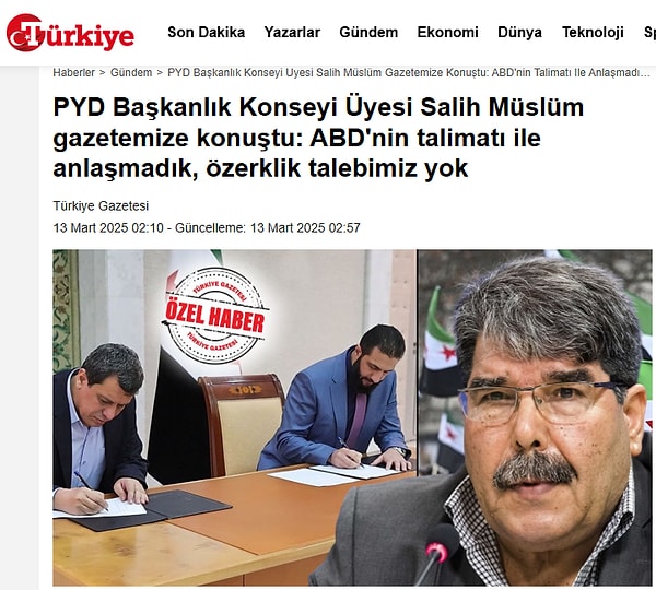 Türkiye Gazetesi, PYD yöneticisi Salih Müslim ile röportaj yaptı.