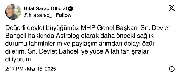 Saraç, Bahçeli'den bir kez daha özür dilediği bir paylaşım yaptı ve kendisine Allah'tan şifa diledi.