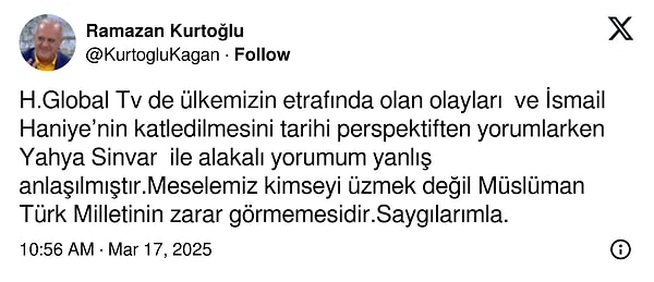 Ramazan Kurtoğlu, gelen tepkilerin ardından 'yanlış anlaşıldım' şeklinde açıklama yaptı.