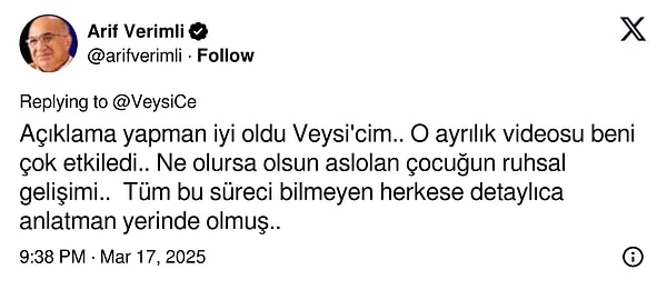 Arif Verimli, meslektaşına destek verdi.