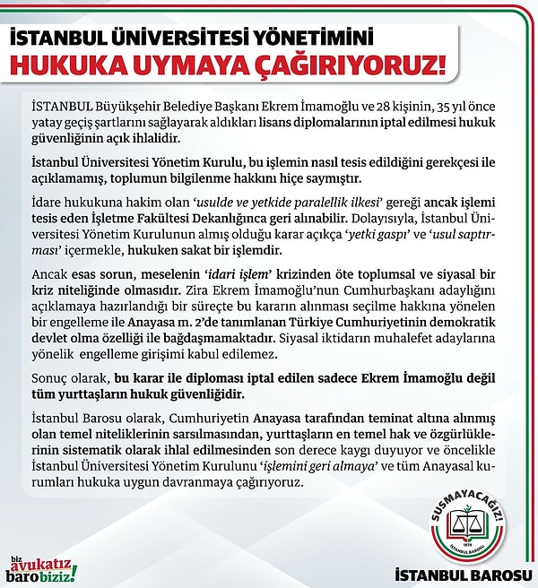 İstanbul Barosu, İstanbul Üniversitesi'ni hukuka uymaya davet etti.