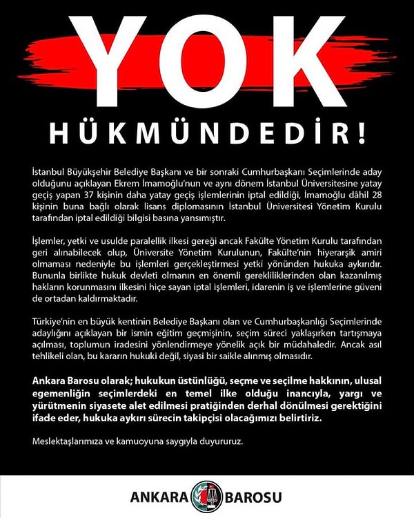 Ankara Barosu, 'Yok Hükmündedir' başlıklı bir açıklama yaptı.