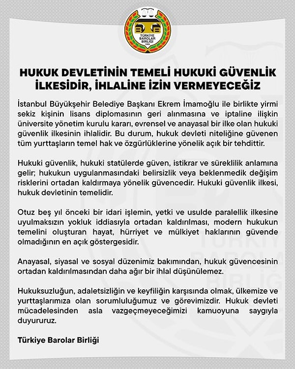 Türkiye Barolar Birliği de karara karşı bir metin yayımladı.