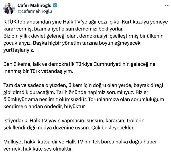 Halk TV'nin sahibi Cafer Mahiroğlu cezalara ilişkin açıklama yaptı.