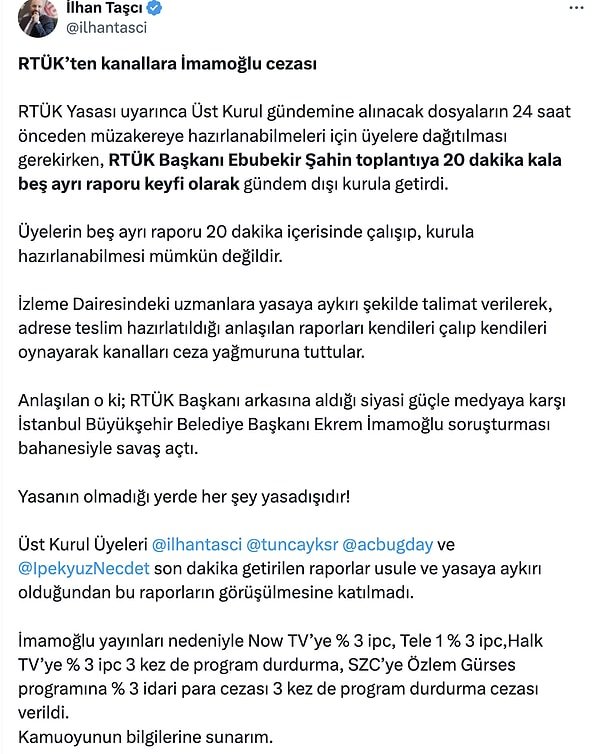 Cezaları RTÜK üyesi İlhan Taşçı açıkladı: