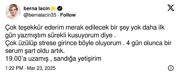 Takipçileri durumunu merak edince de çok üzülüp strese girdiği zamanlarda böyle olduğunu açıkladığı yeni bir paylaşımda bulundu.