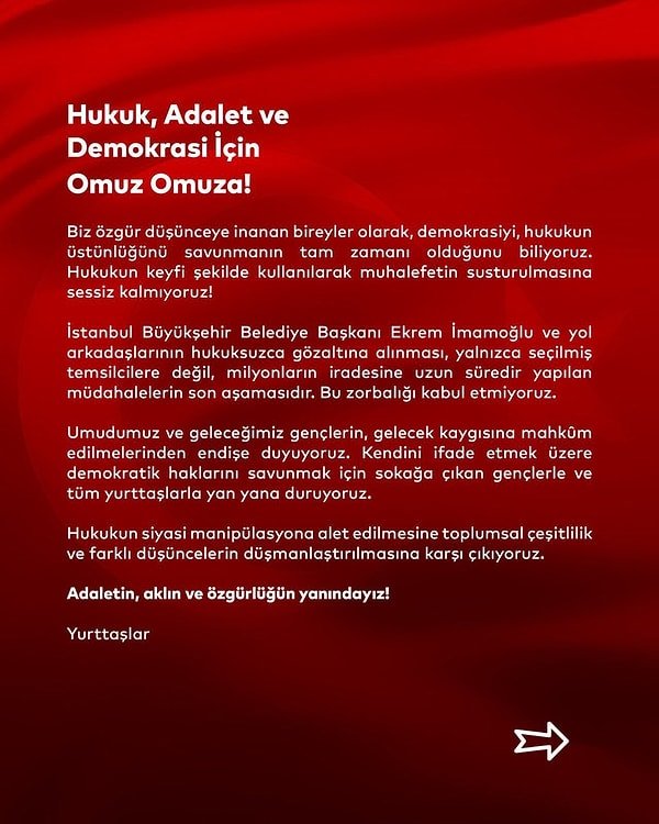 Sanatçılar daha sonra 400 kişilik bir bildiri yayınlayarak "Adaletin, aklın ve özgürlüğün yanındayız" dediler.
