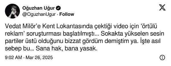 Oğuzhan Uğur yaşananlara sosyal medya hesabından tepki gösterdi.