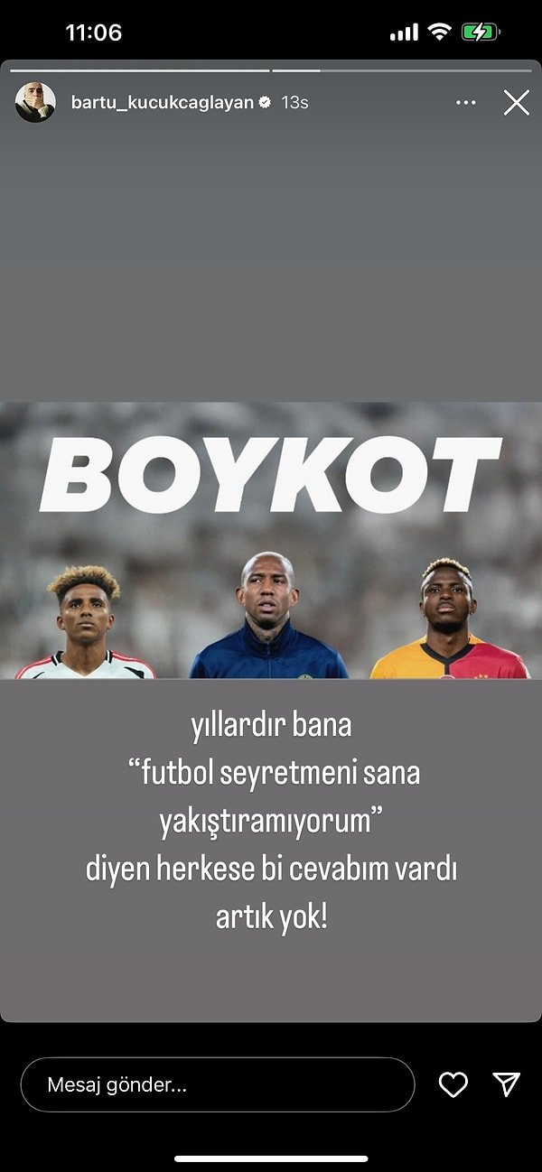 Oyuncu Bartu Küçükçağlayan, ilgi alanı olan futbol kulüplerinin sessiz kalmasına dikkat çekti.
