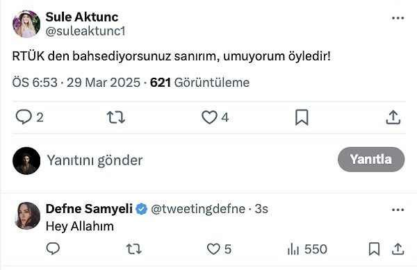 Ancak bazı sosyal medya kullanıcıları, Defne Samyeli'nin mesajını tam olarak anlamadı ve RTÜK vurgusu yapmadığı yönünde eleştirilerde bulundu.