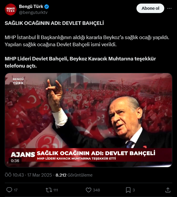 Beykoz'da açılan sağlık ocağı, Devlet Bahçeli ismiyle hizmet verecek.