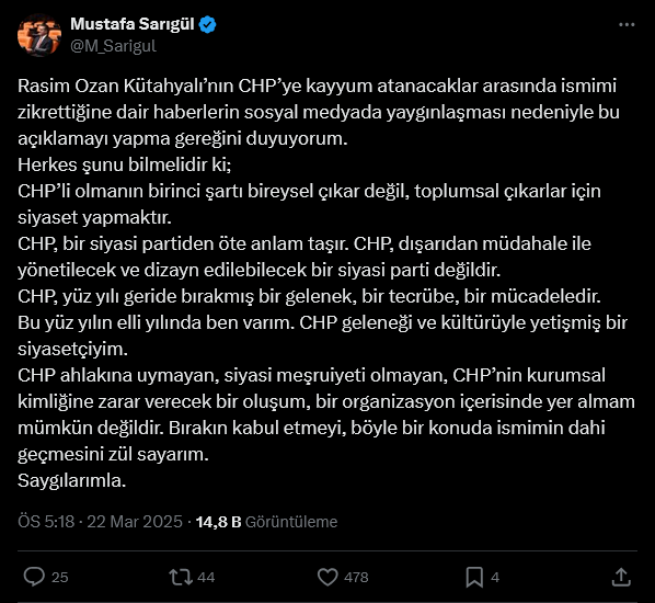 Mustafa Sarıgül'ün Kütahyalı'nın açıklamalarına yanıtı