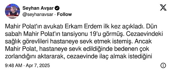 Mahir Polat 'tansiyon nedeniyle başıma geleceklerden ben sorumluyum' şeklinde beyanname verdi.