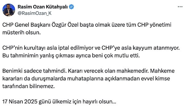 Seri paylaşımlar yaptı. Kurultayın iptal olmamasından ne kadar mutlu olduğunu belirtti.