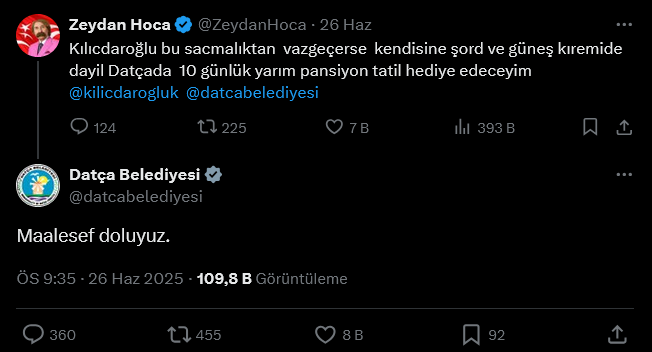 Datça Belediyesi'nin dolu olduğunu belirten paylaşımı