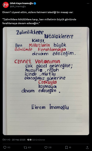 Ekrem İmamoğlu'nun Cezaevinden Mesajı