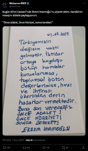 Muharrem İnce'nin paylaşımı